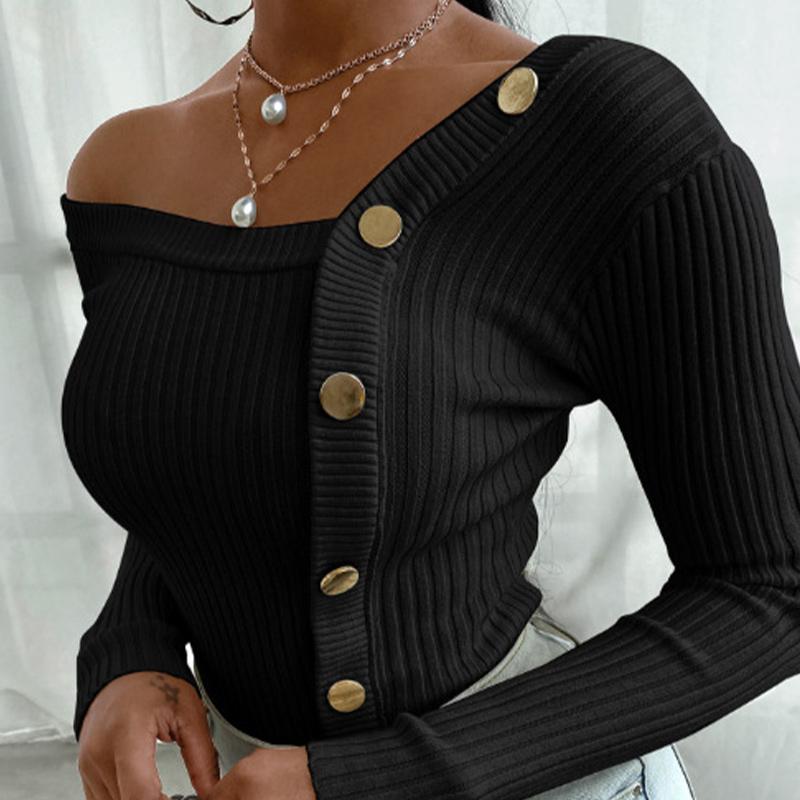 Sexy Patchwork Knitted Slim Skew-collar Button Long Sleeve Female Sweater 2021 Autumn Fashion Lady Pullover