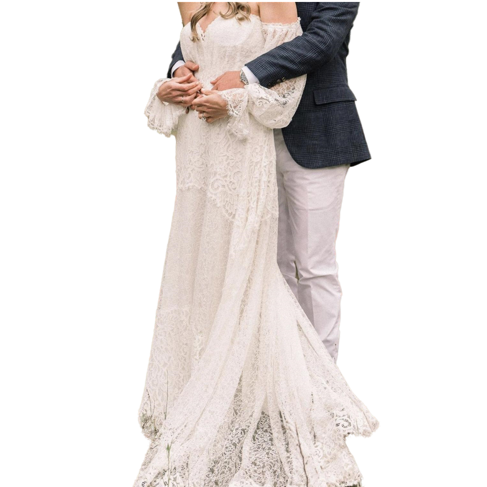 Hippie Style Country Lace Wedding Dress For Bride 2022 Sweetheart Neck Off Shoulder Boho Graden Long A Line Bridal Gowns Full Sleeve Reception Beach D