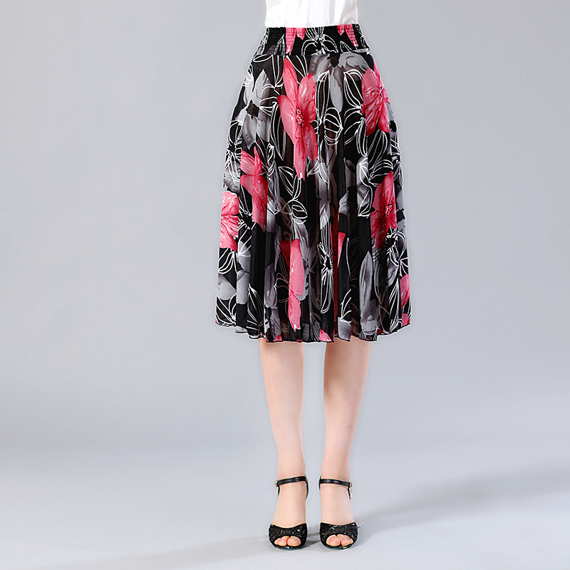 New Summer Long Print Skirts Womens Elastic High Waist Elegant Pleated Skirt Plus Size Faldas Saia Fashion Female Casual Skirt 210309