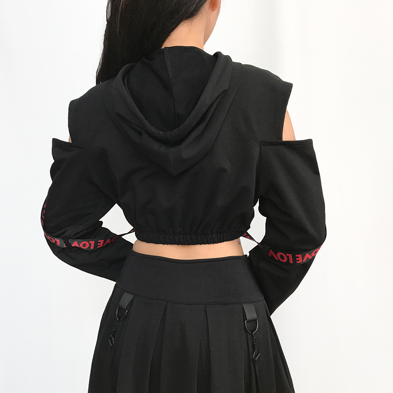 Rockmore Gothic Punk Style Hollow Out Hoodies Crop Top Women Hooded Sweatshirt Plus Size Hoodie Loose Chain Pullovers Ladies 201030