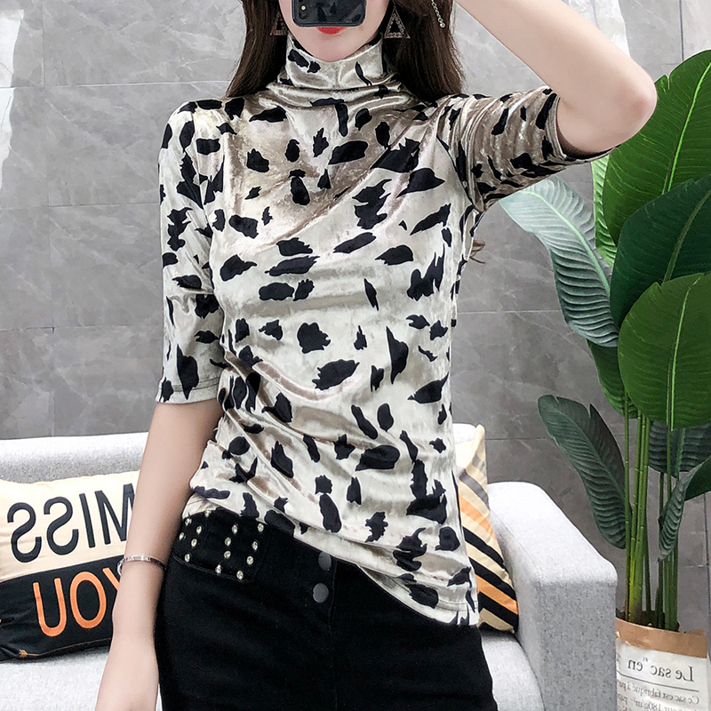 T Shirt Women Tshirt New Spring/Autumn Vintage Turtleneck Soft Velvet Print Half Sleeve T-shirt Slim Ropa Mujer T07811B 210302