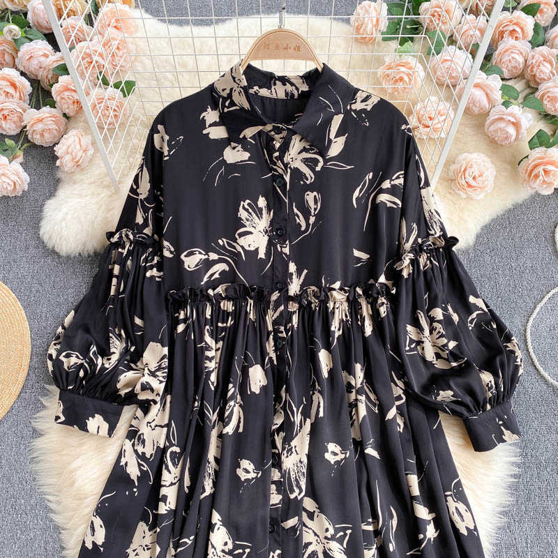 DEAT Women Printing Dress Lapel Long Sleeve Arrivals Lady Temperament Fashion Spring Autumn 11D2012 210709