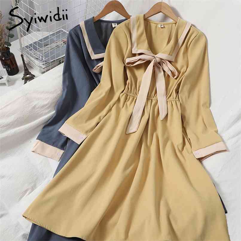 Elastic High Waist Dresses Women Contrase Color Turn-down Collar Bow Lace Up Long Sleeve A-line Spring Summer 210607, Blue
Elastic High Waist Dresses Women Contrase Color Turn-down Collar Bow Lace Up Long Sleeve A-line Spring Summer 210607, Blue