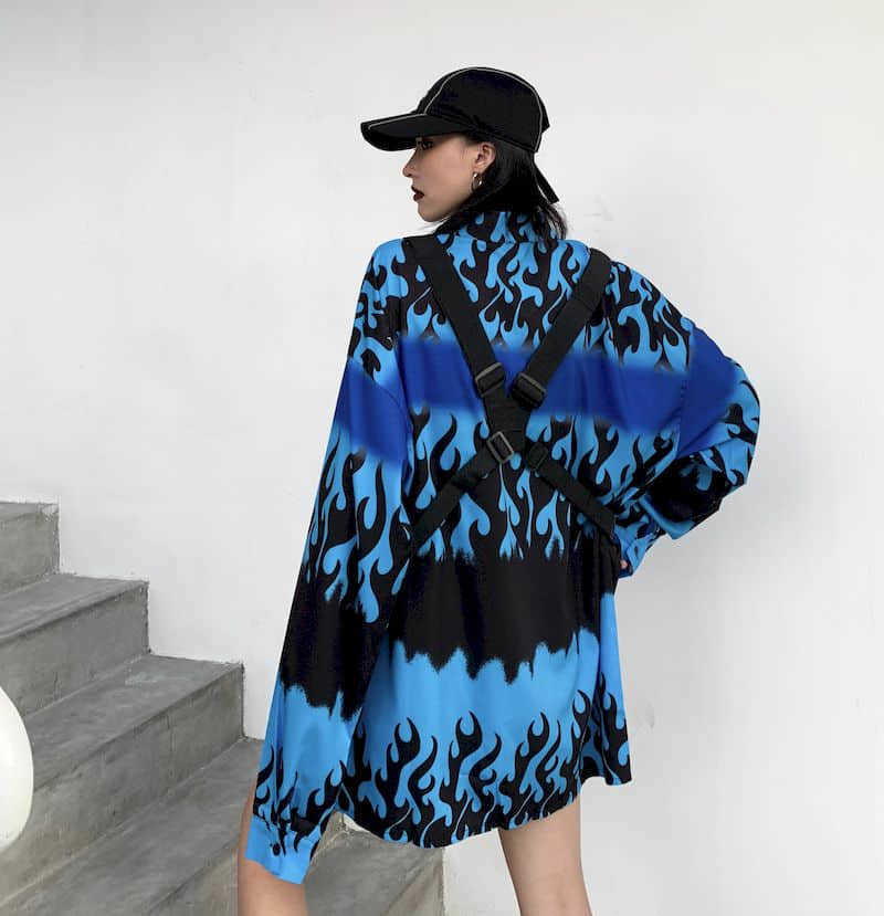 shirt men women shirts punk blouse Ins autumn Korean version of loose bf black functional vest + retro blue flame long-sleeved 210526