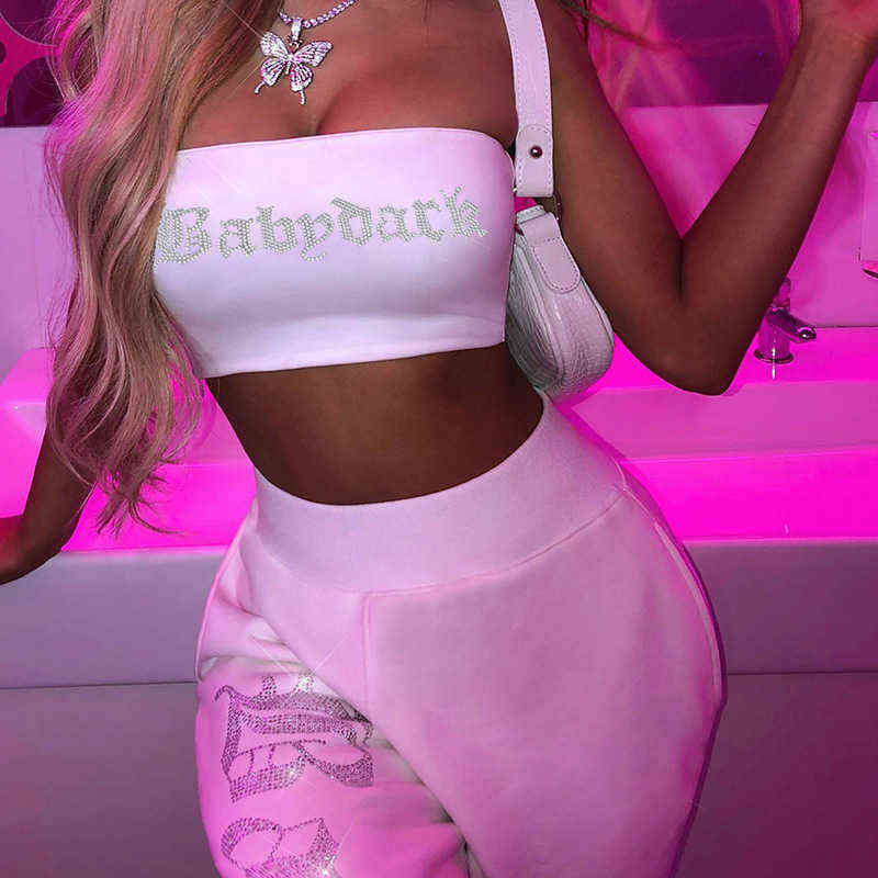 NCLAGEN Bling Letter Two Pieces Set Women Strapless Tube Tank Top And Atheleisure Jogger Sweat Pants Casual Tracksuit 211105