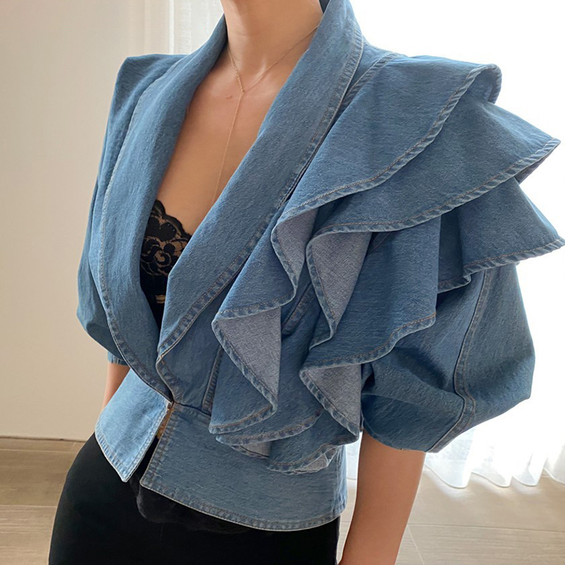 TWOTWINSTYLE Patchwork Ruffle Tunic Shirt For Women V Neck Half Sleeve Denim Blouse Female Fashion New Clothing Autumn Tide 210225