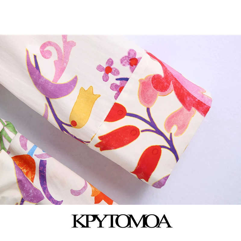 KPYTOMOA Women Chic Fashion With Belt Floral Print Midi Dress Vintage Three Quarter Sleeve Button-up Female Dresses Mujer 210630