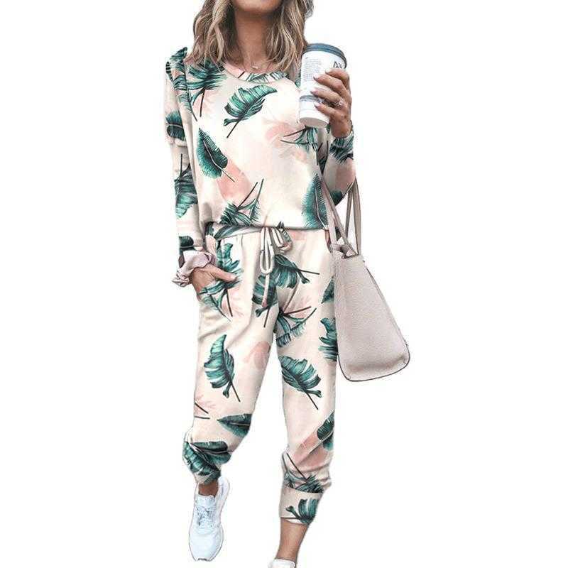 Women Long Sleeve 2 PCS Tracksuit Set Casual Print O Neck Loose Tops Drawstring Elastic Waist Pant Ladies Home Pajama Suits 210526