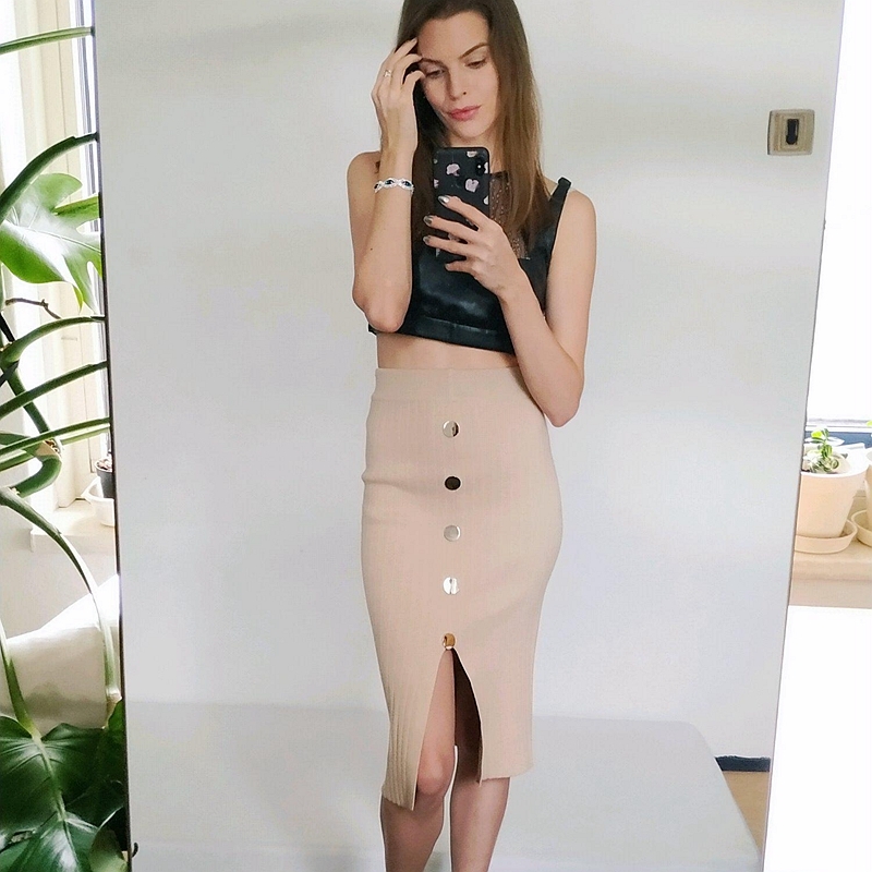 GIGOGOU High Waist Autumn Winter Knitted Women Skirts Warm skirt Long Female Rib Skirts With Button 210309