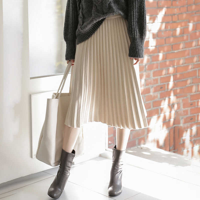 TIGENA Elegant Midi Pleated Knitted Skirt Women Autumn Winter Korean Knee Length a line High Waist Female Ladies 210619