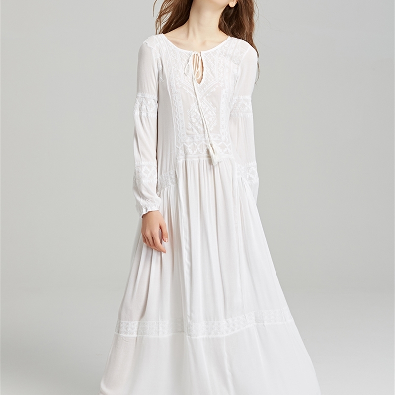 TEELYNN long sleeve maxi dresses women tunic cover up red floral embroidery v neck tassel long dress Casual loose boho vestidos 210706
