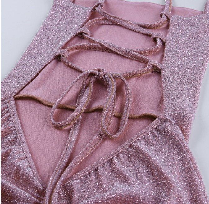 hirigin Glitter Pink Lace Up Open Back High Split Maxi Dress 2021 Fashion Summer Club Bodycon Dresses Woman Party Night