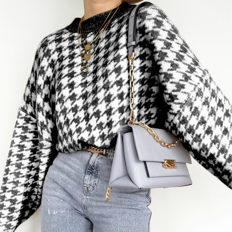 Women Casual Houndstooth Pullover Sweater Geometric Khaki Knitted Sweater Female Autumn Winter Retro Jumpers Tops Clothing 210218