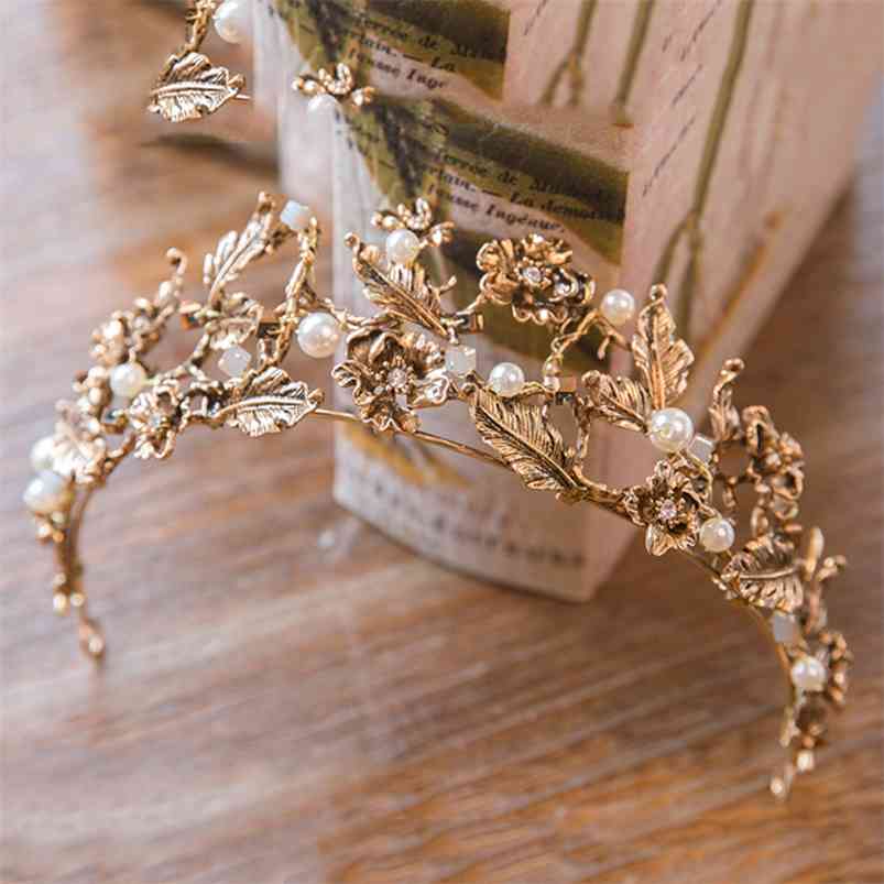 Vintage Baroque Gold Pearl Leaf Bridal Tiara Crystal Crown Hairband Headpiece Vine Wedding Hair Accessories Bride Headband 210701