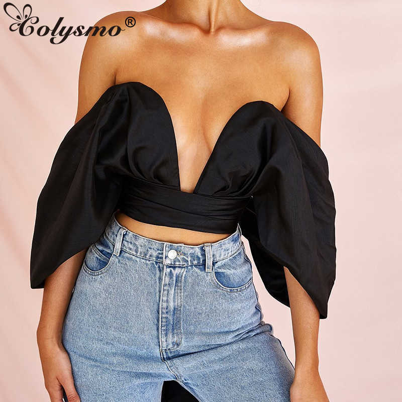 Colysmo Black Crop Top Women Summer Satin Tops White Sexy Off Shoulder Deep V-neck Cropped Vintage Bustier Cami Top 210625