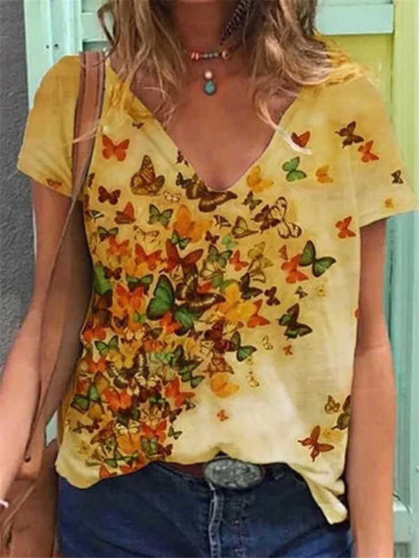 Womens Butterfly Print Tshirts Summer Casual Short Sleeve T-Shirt Loose Streetwear Harajuku T Shirt Ladies V Neck Top Tee 210306