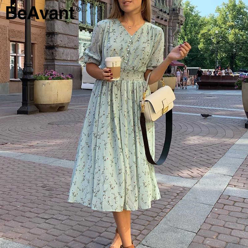 Beavent Casual flare sleeve dress women Elegant V-neck polka dot print dress High waist A-Line holiday female midi dress vestido 210709