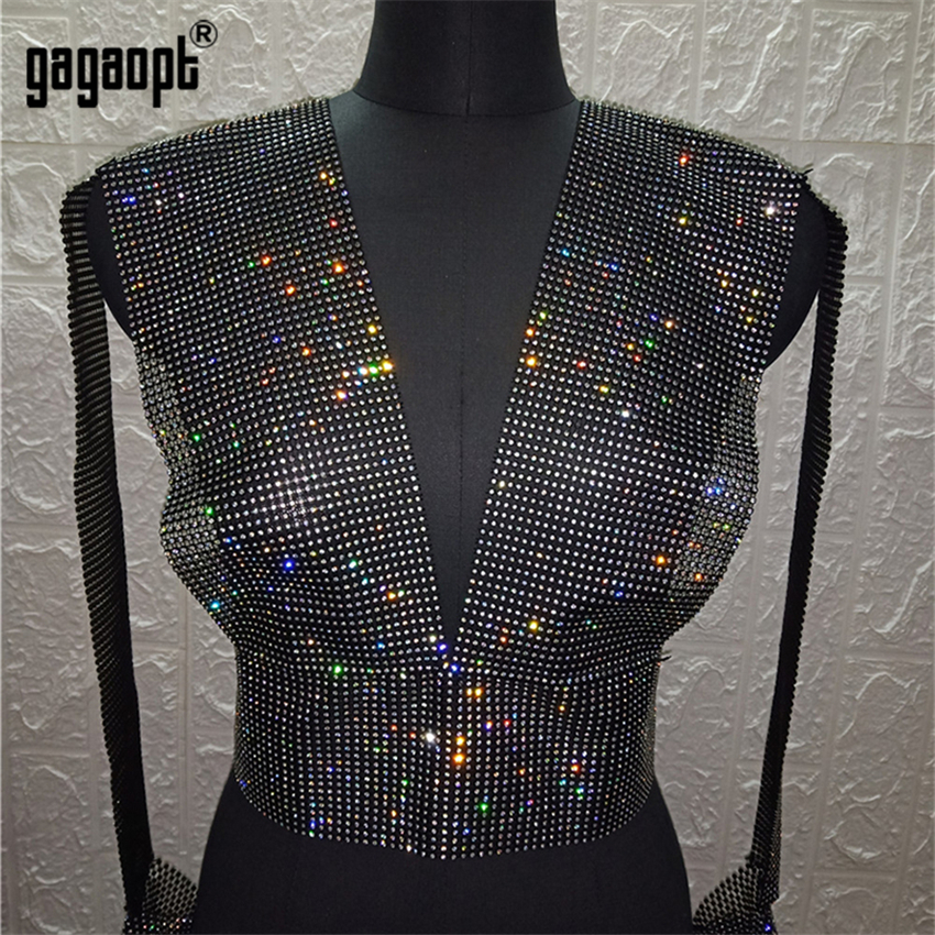 Gagaopt Bling Rhinestone Tank Top Sexy Deep V Neck See Through Patchwork Hollow Out Crop Top Party Night Club Lady Hot Tank Tops 210308