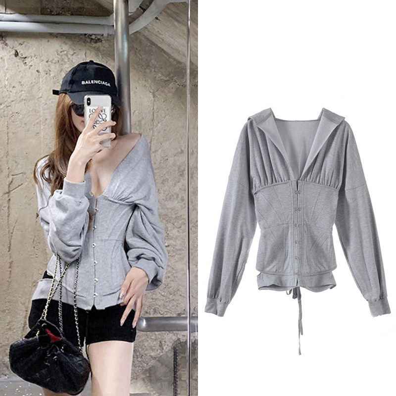 TVVOVVIN Fashion Early Autumn Mature Style Thin Hat Long Sleeve Bandage Waist Gray Slim Fit Sweatshirt Woman L027 201102