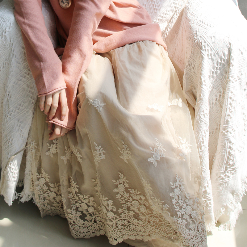 Eugen Yarn Skirt French Long Skirt Ankle Retro Double Mesh Yarn Loose Embroidery ALine skirt 210306