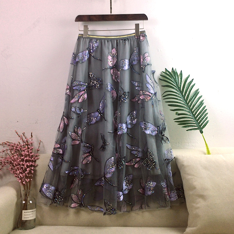 Autumn Women Mesh Skirt Dragonfly Sequin Embroidery Long Skirt Ladies Casual Voile Appliques Skirt Midcalf Swing Skirts 210306