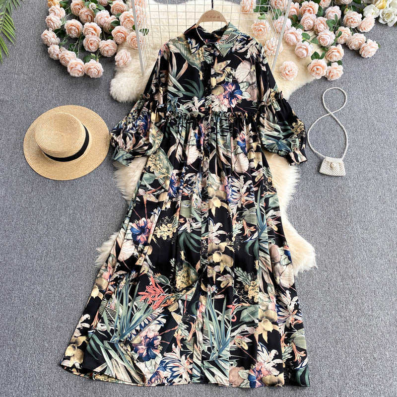 DEAT Women Printing Dress Lapel Long Sleeve Arrivals Lady Temperament Fashion Spring Autumn 11D2012 210709
