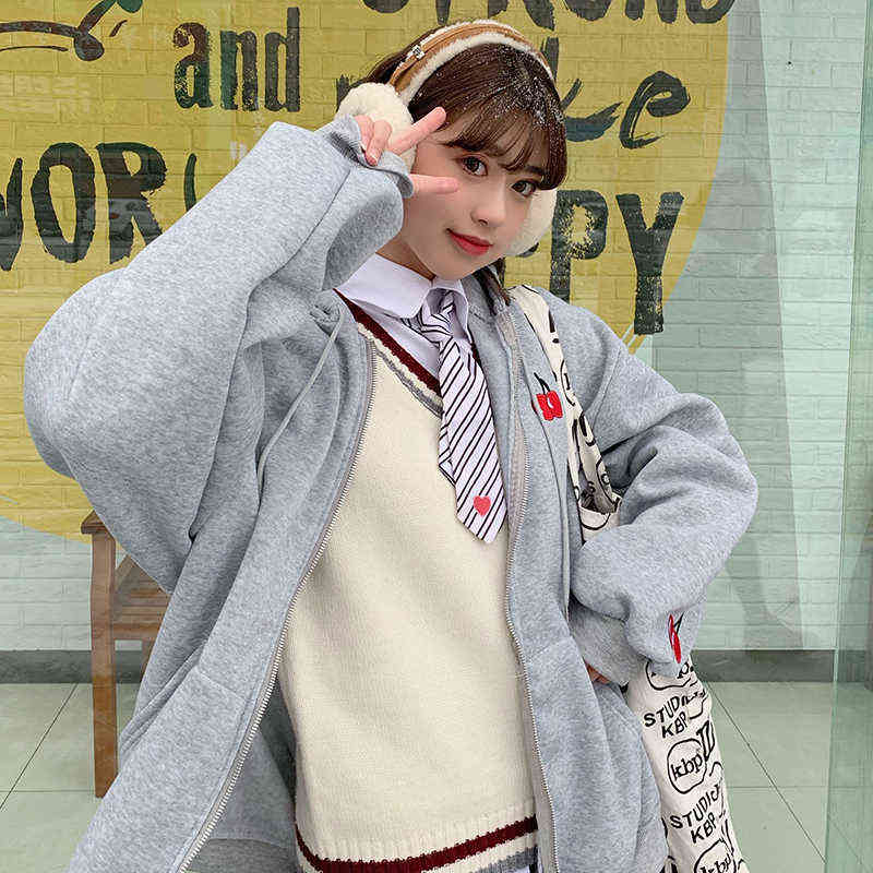 Autumn winter warm Streetwear Zip-up Oversize Sweatshirt Women Plus Fleece Hoodies Jacket Solid Pocket Thicken Women Outwear 211109