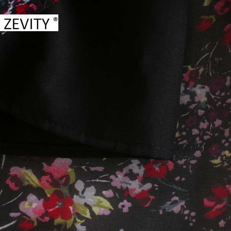 Zevity Women Elegant V Neck Flower Print Elastic Waist Chiffon Dress Chic Female Long Sleeve Casual Slim A Line Vestido DS4616 210603