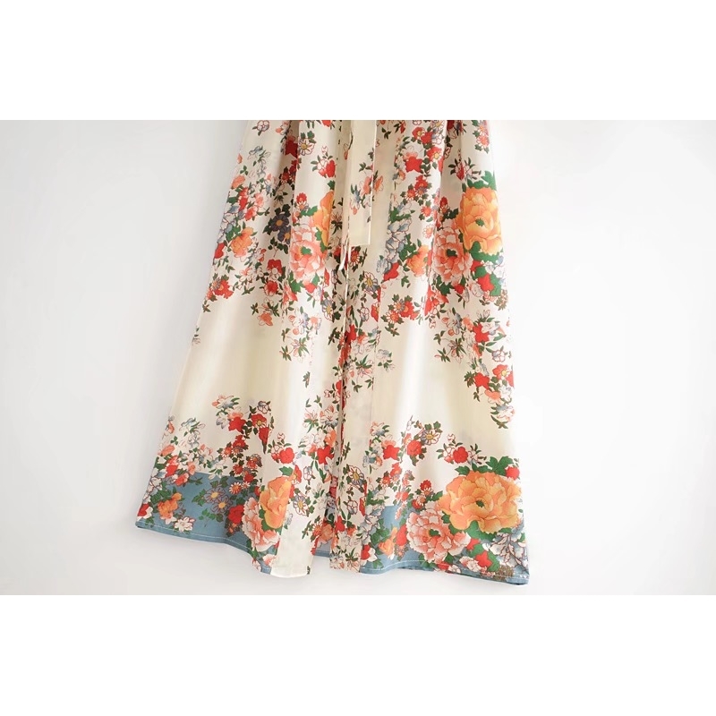 BOHO Location Floral Print Long Kimono Shirt Beige Hippie Women Lacing up Tie Bow Sashes Long Cardigan Loose Blouse Tops Holiday 210225