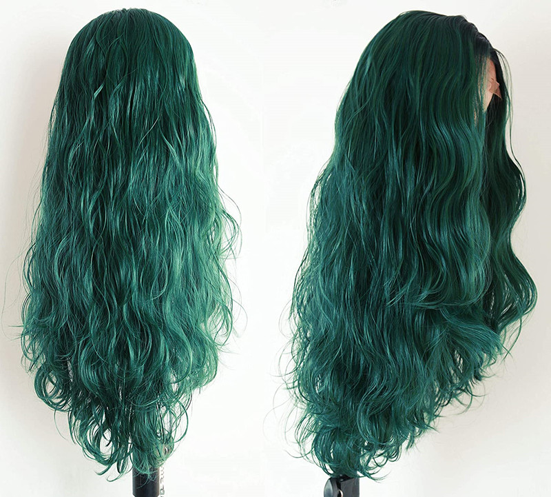 Lace Front Wigs Dark Roots Ombre Green Two Tone Color Long Loose Curly Wavy Wig Heat Resistant Synthetic Hair Glueless Natural Hairline