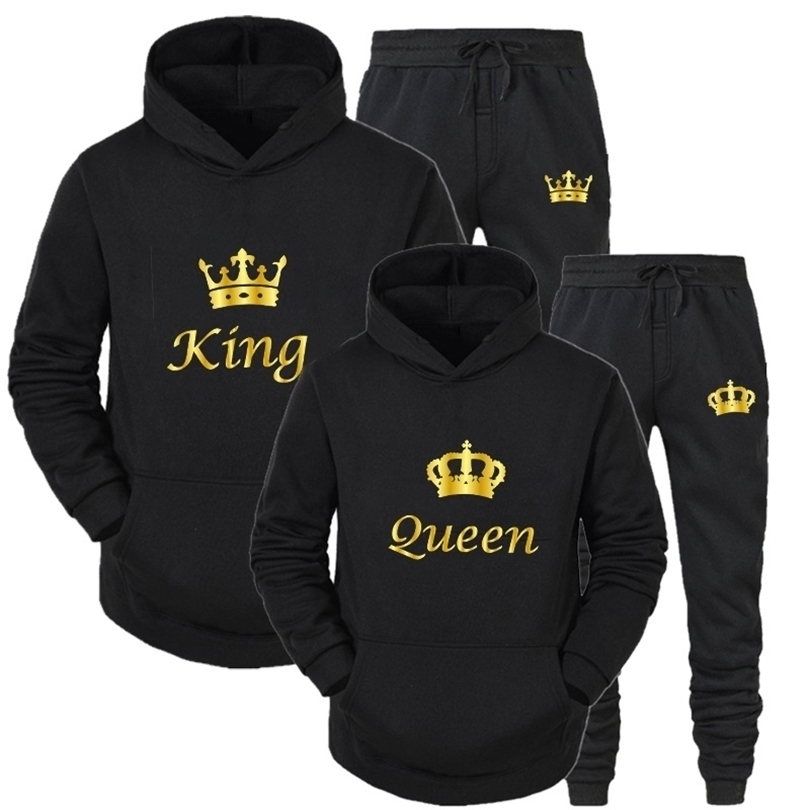 Couple Sportwear Set KING Or QUEEN Printed Hooded Suits 2PCS Male and Femaie Hoodie Pants 211220