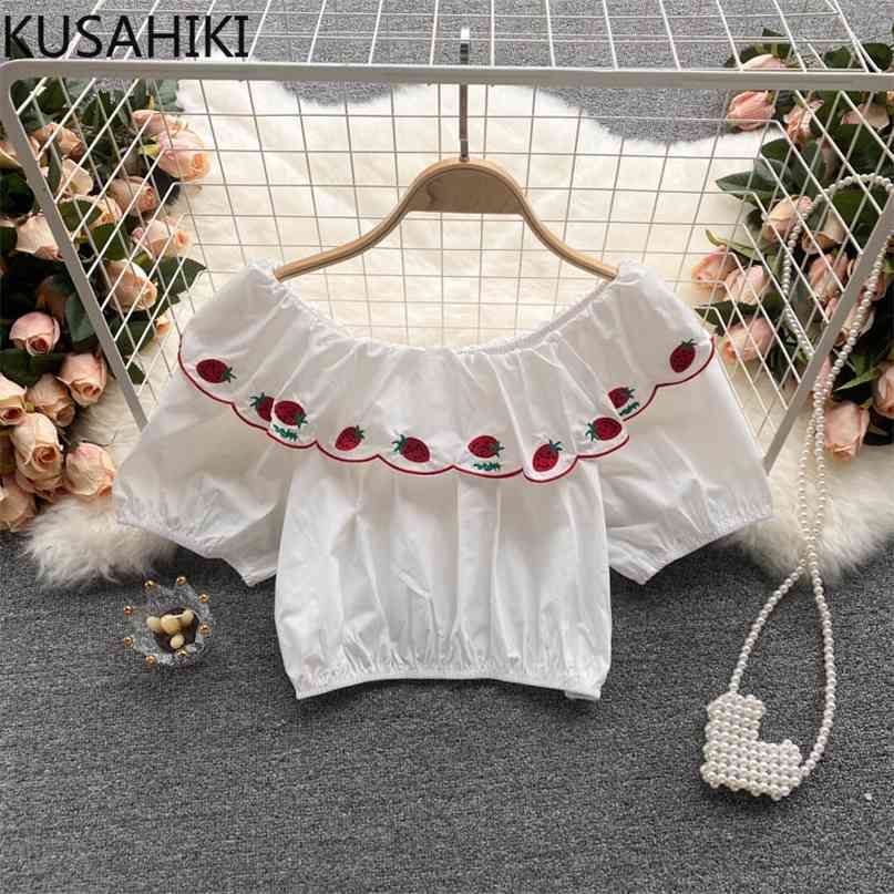 Sweet Strawberry Embroidery Ruffle Slash Neck Blouse Puff Sleeve Korean Woman Shirt Summer Short Blusas 6J313 210603, Red
Sweet Strawberry Embroidery Ruffle Slash Neck Blouse Puff Sleeve Korean Woman Shirt Summer Short Blusas 6J313 210603, Red