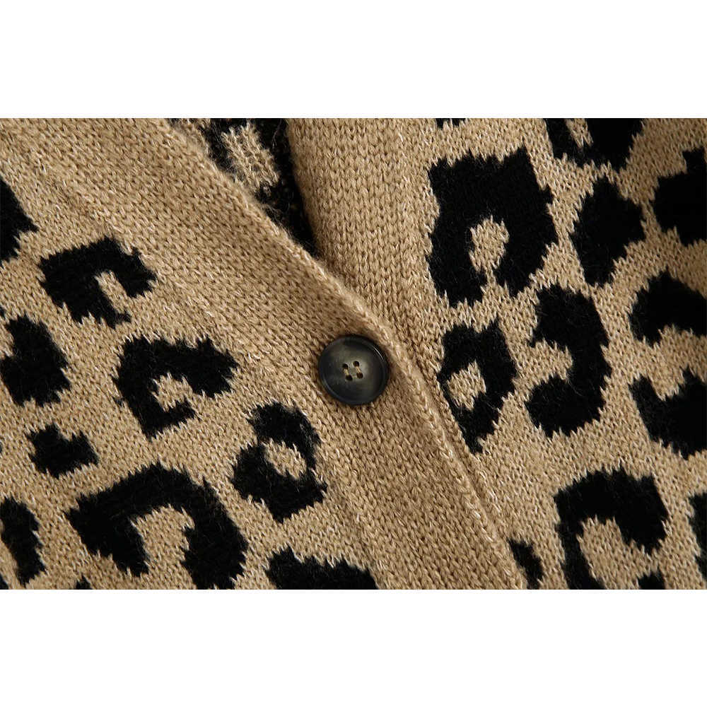 Fall Winter Women Knit Cardigan Lepard Printed V-neck Long Sleeves Sweater Casual Fashion Chic Woman Knitted Coat 210709