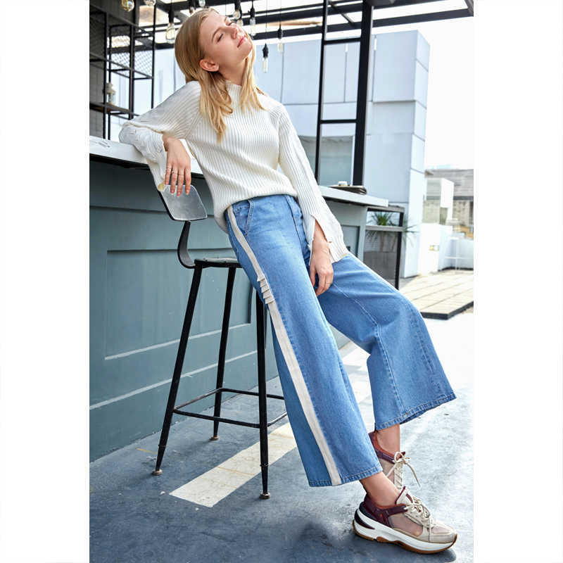 Women Wide Leg Pants Causal Solid Patchwork Loose Street Style Female Knee-length Denim Jeans 11840487 210527