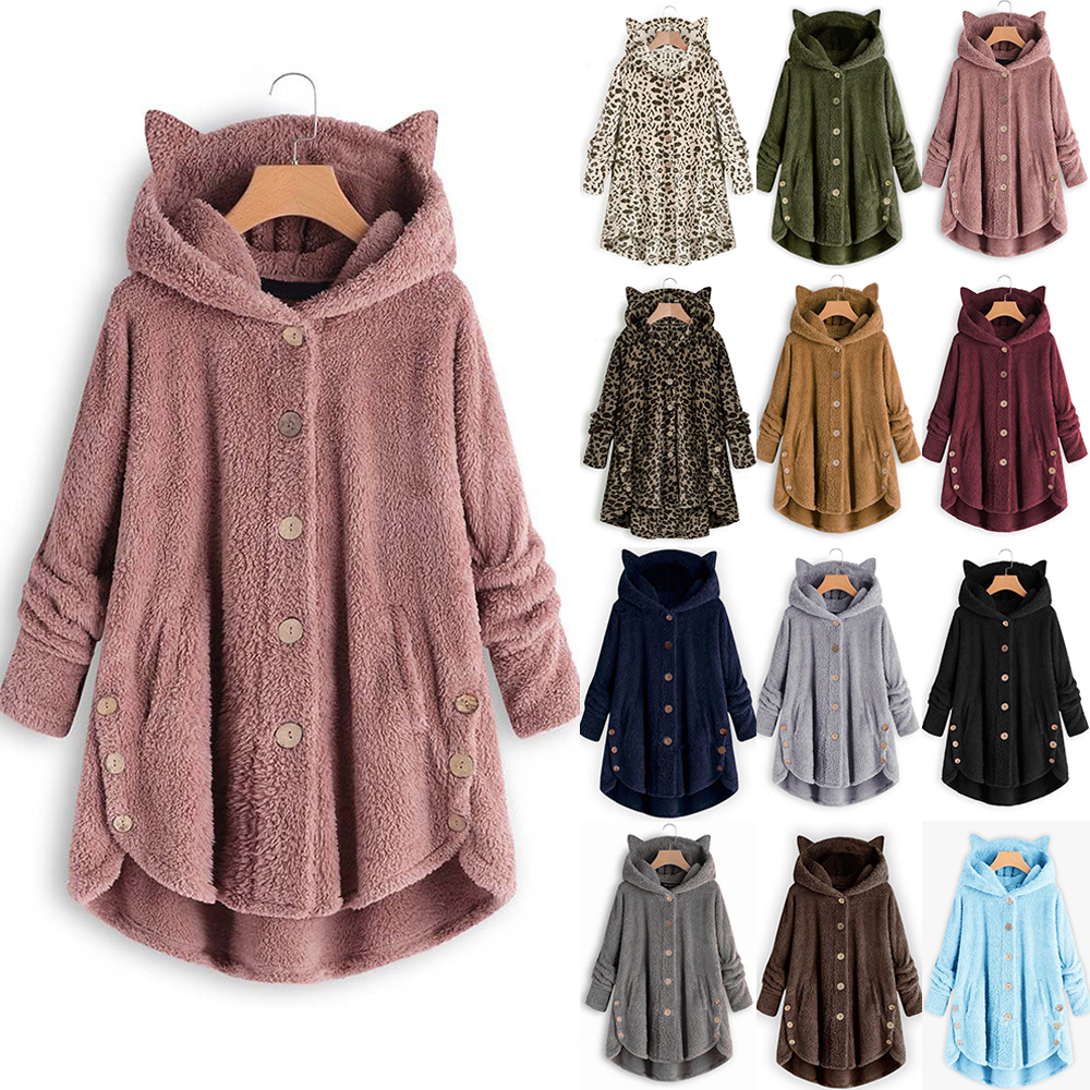Winter Leopard Coat Fashion Women Button Solid Color Hooded Jacket Teddy Coat Ladies Winter Warm Coat Casual Hoodies 201019