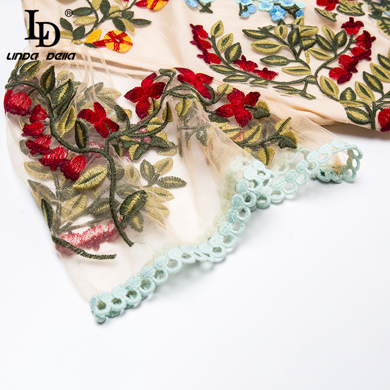 LD LINDA DELLA New Fashion Runway Summer Dress Women's Flare Sleeve Floral Embroidery Elegant Mesh Hollow Out Midi Dresses 210303 - view 6