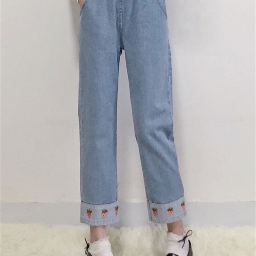 Merry Pretty Harajuku Women 2 piece Set Cotton Sweet Sweatshirt Peach Embroidery White Hoodies and strawberry denim pants sets 201212