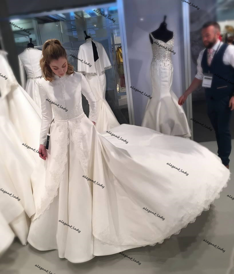 Muslim Modest Wedding Dresses With Long Sleeves High Neck Lace Applique Princess Hijab Church Arabic Bridal Dress with Pocket