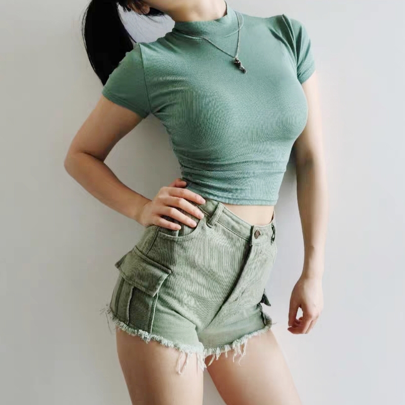 Women High Neck Fitted Short Sleeve Tshirt Rib Crop Rib Top T200614