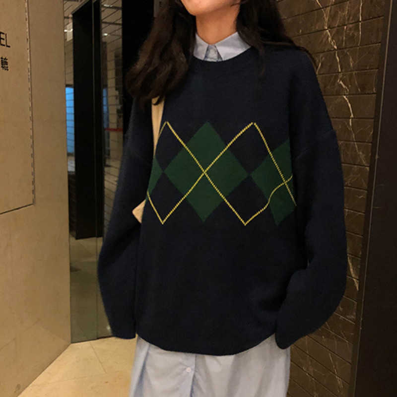 Women's Sweater Winter Geometric Pattern Fashion Basic Casual Regular Tops Female Long Sleeve Korean Oversize Jumpers Pullovers 210918