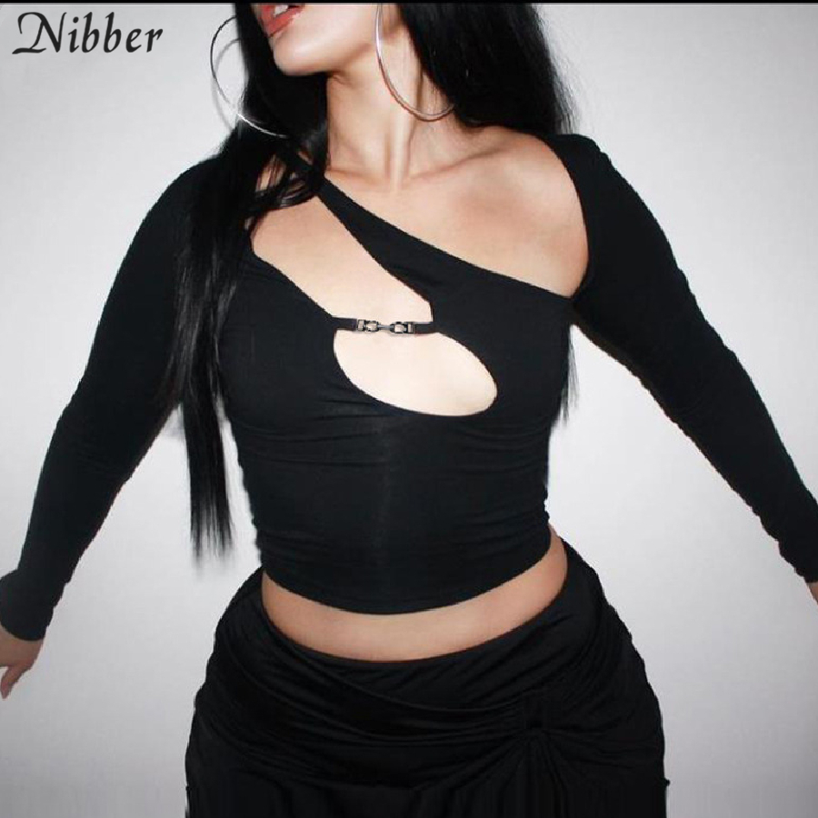 Nibber Hollow Out Crop Top Y2K Punk Tee Shirts For Women Asymmetrical Gothic Streetwear 2021 Spring Sexy Skinny Club Clothes Top 210309
