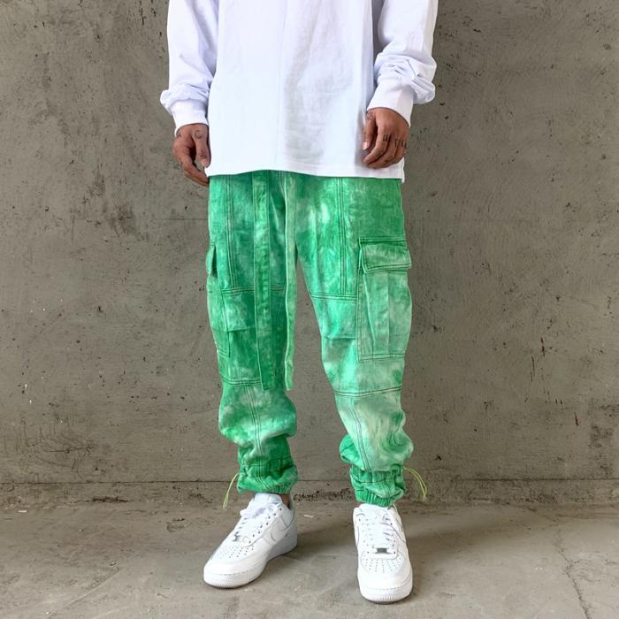 2 Pieces Sets Men Fashion Tie-dyed Single Breasted Denim Jeans Jacket Coat and Loose Fit Zipper Pants Joggers Streetwear Sets 201210