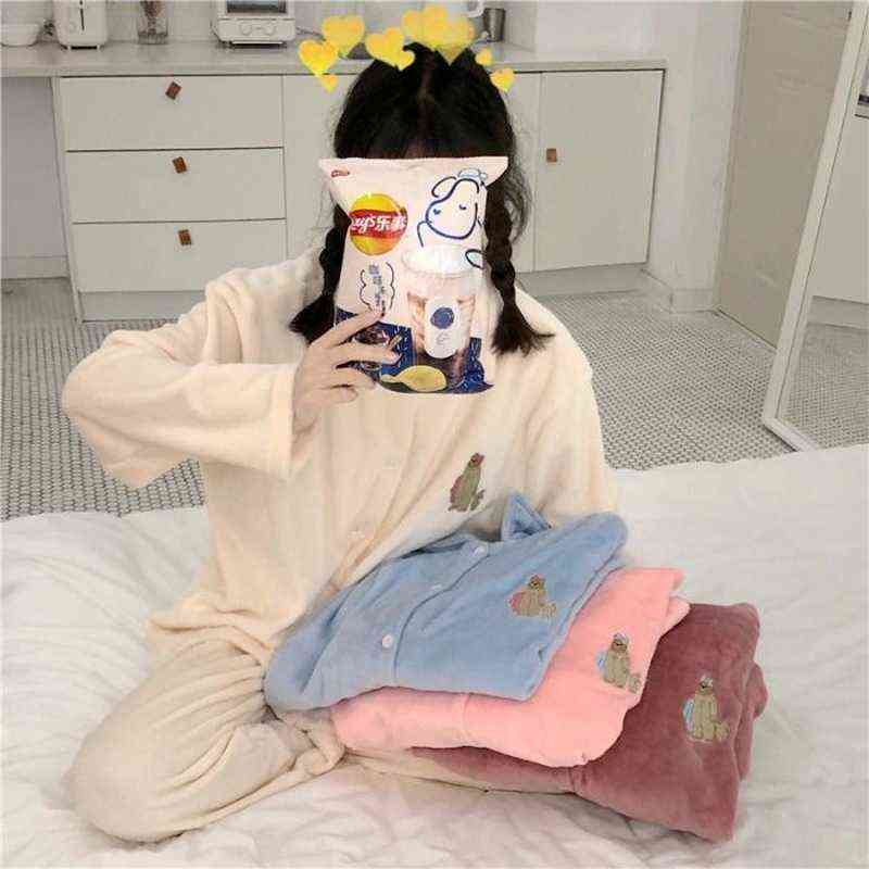 QWEEK Women Pajamas Bedroom Set Solid Color Embroidered Flannel Pijamas Korean Loose Comfortable Turn Down Collar Pyjamas Cute 211118