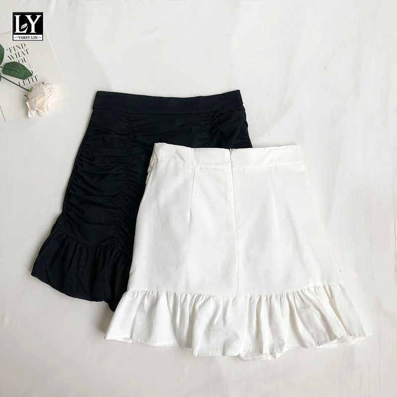 LY VAREY LIN Spring Summer Women Casual Solid Color Mini Mermaid Skirt Office Lady High Waist Folds Ruffles Short 210526