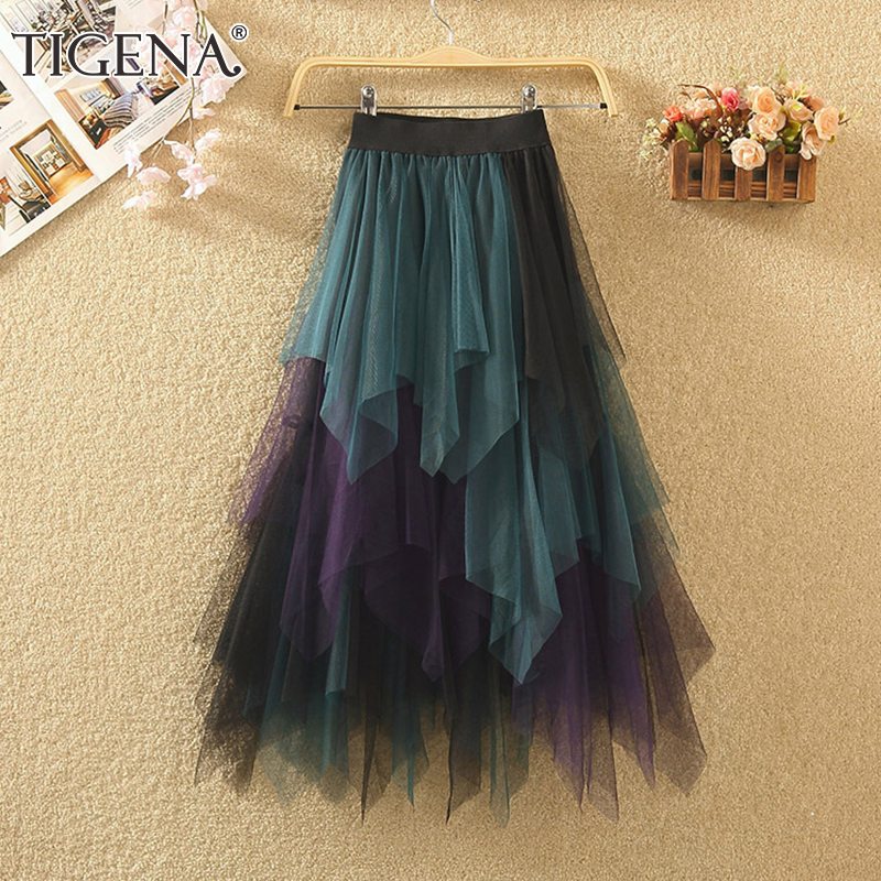 TIGENA Long Tutu Tulle Skirt Women Fashion Summer Korean Irregular Contrast Color High Waist Pleated Maxi Skirt Female 210309