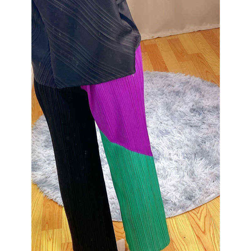 DEAT Woman Pleated Wide Leg Pants Hit Color Patchwork One Button Elastic Waist Nine Length Casual Style Autumn 15XF813 211115