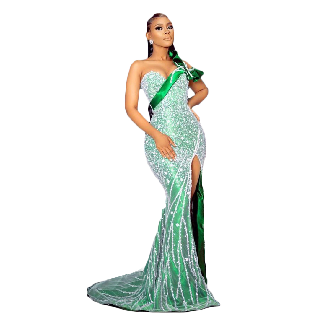 Sexy Side Split Mermaid Evening Dresses Full Applique Ruched Satin And Tulle Sweep Train Chic Bride Party Gowns Prom Dress Vestidos De Novia