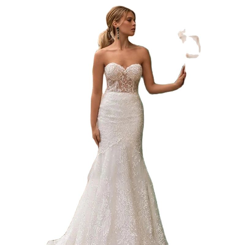 Beautiful Simple Bridal Mermaid Wedding Dress Appliques Lace Tulle Custom Made Backless Floor Length Strapless Vestido De Novia
