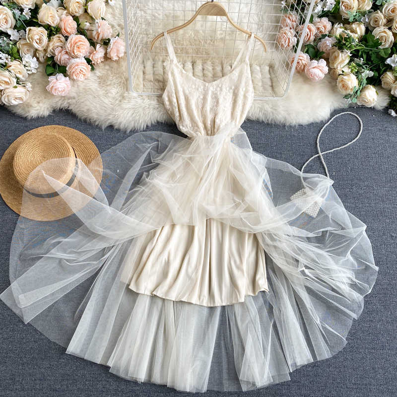 DEAT Spring Arrivals Solid Color Sleeveless High Waist Open Back Mesh Stitching Slim Long Dress MZ639 210709