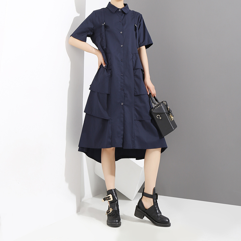 Elegant Style Woman Navy Blue Casual Shirt Dress Long Sleeve Cascading Ruffle Office Ladies Party Midi Dress Robe Femme 3807 210303